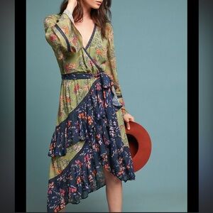 Love Sam Anthropologie Williston Wrap Floral Dress in Green and Navy small boho
